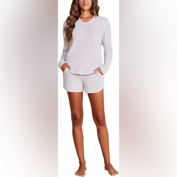 NWT Barefoot Dreams Hoodie and Shorts Ribbed Lounge Set in Beach Rock - Size XS - Picture 8 of 9